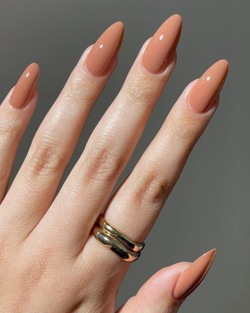 Terracotta neutral nails on long almond shape with glossy finish
