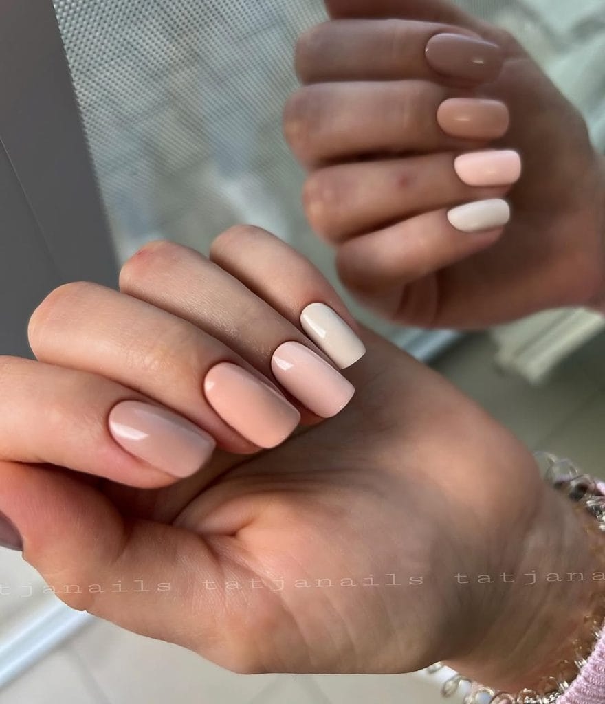 Neutral ombre mix nails with different tones on short square shape
