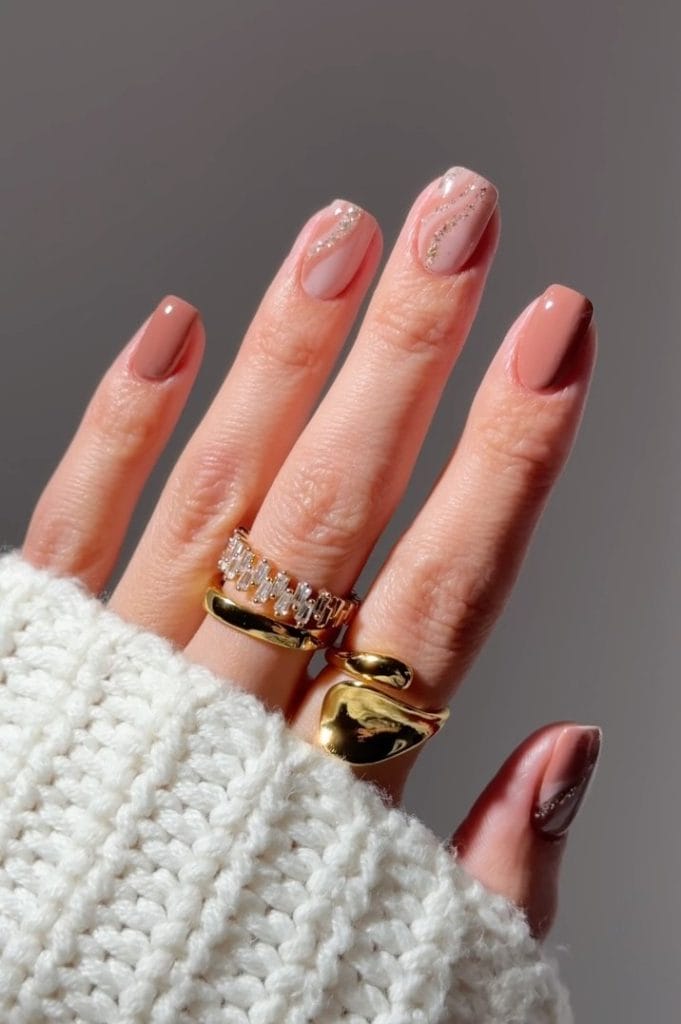 Coffee brown neutral nails with swirl art accents on short square shape
